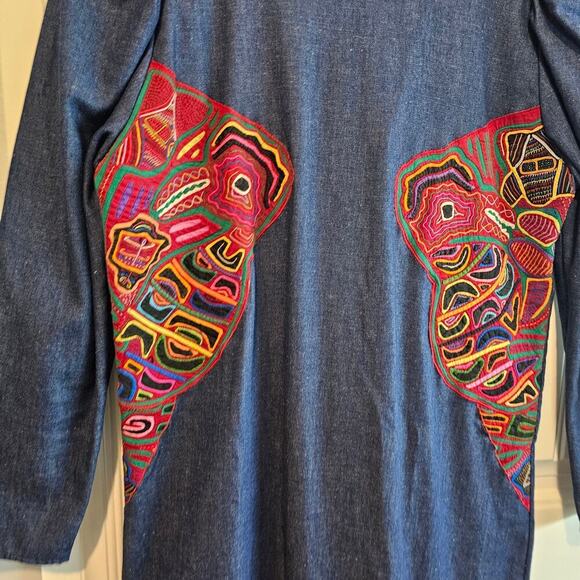 Vintage Denim Dress Womens Large Blue Embroidered Colorful Pleated Ruffles Boho - Picture 4 of 12